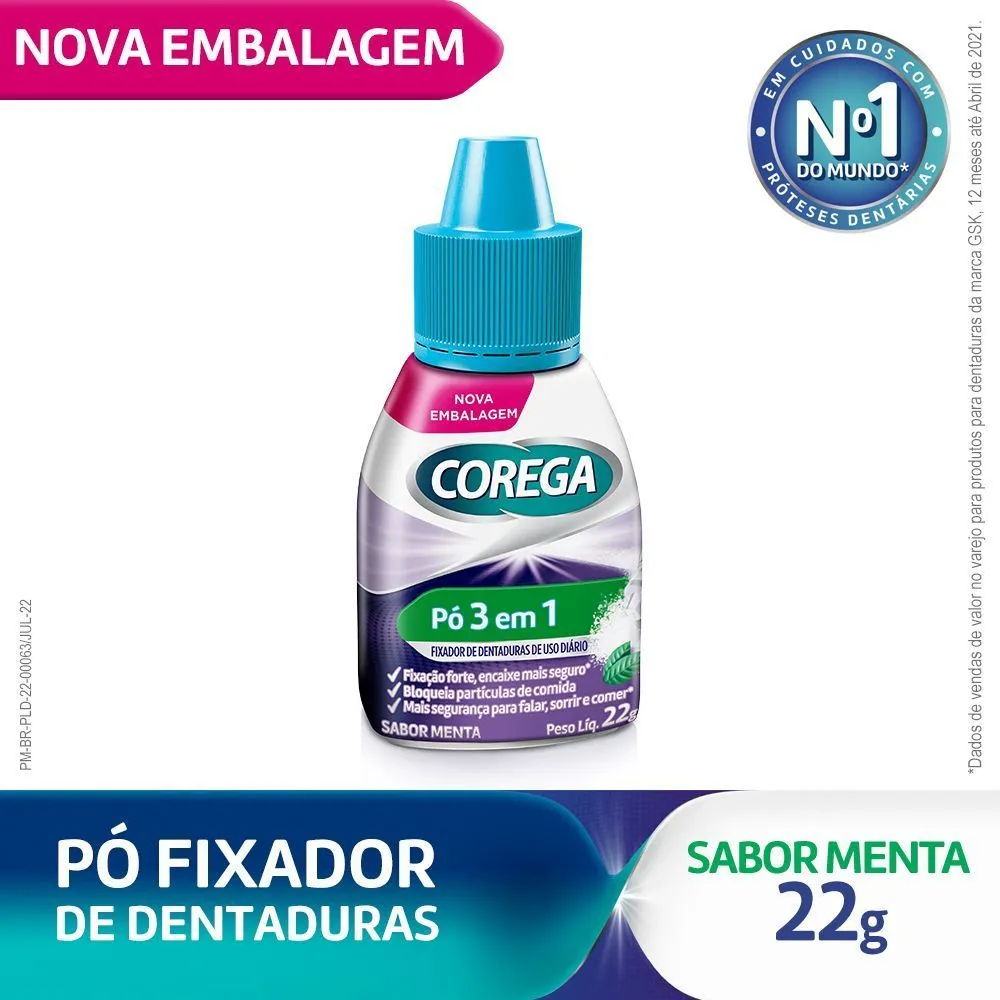Corega Pó Fixador De Dentadura, Forte Fixação, Sabor Menta 22g