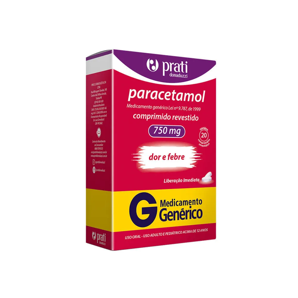 Paracetamol Prati Com 20 Comprimidos Revestidos 750mg Generico