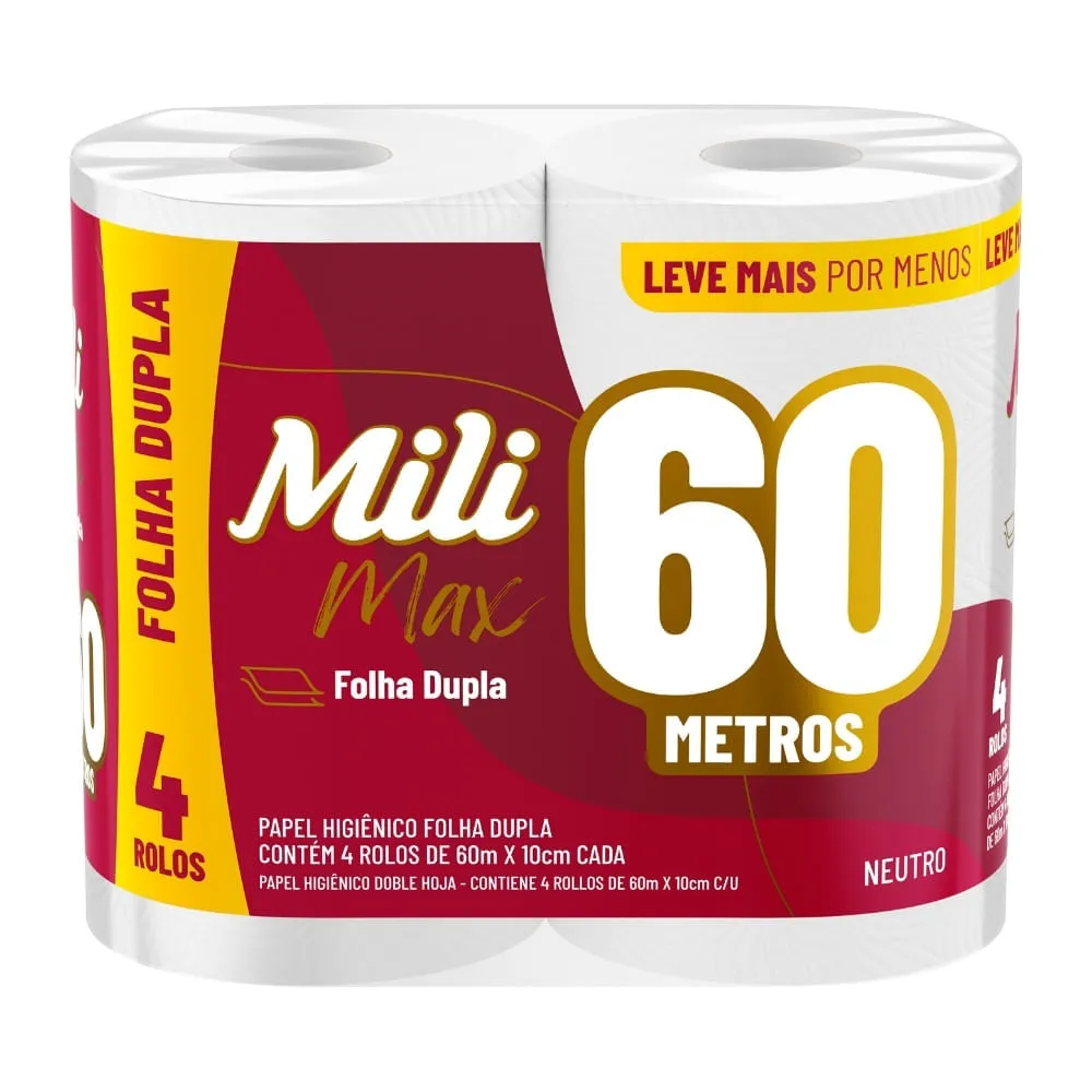 Papel Higiênico Folha Dupla Mili Max 4 Unidades 60m Cada