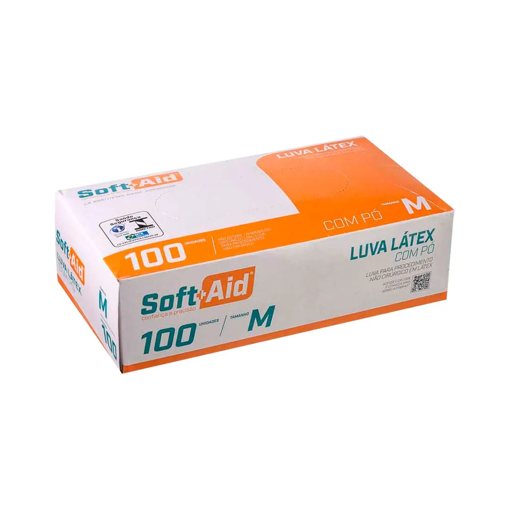 Luva Soft Aid Latex M Com 100 Unidades Com Po