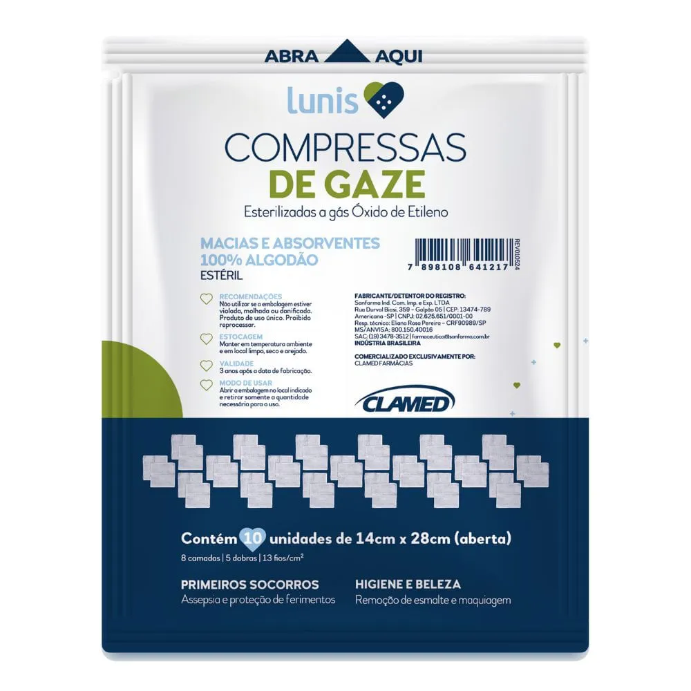 Compressa De Gaze Macia E Absorvente Lunis 10 Unidades